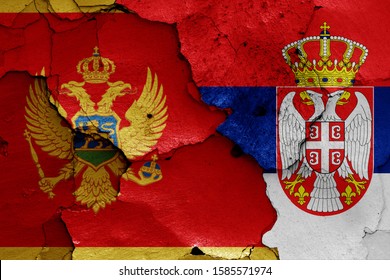 Flags Of Montenegro And Serbia Painted On Cracked Wall