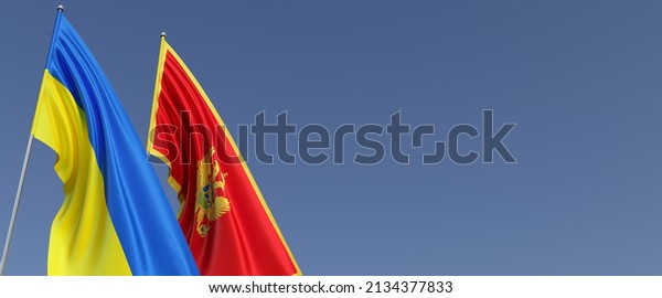 Flags of\
Montenegro and Ukraine on flagpoles on the sides. Flags on a blue\
background. Place for text. Independent free Ukraine .. Montenegrin\
flag. Commonwealth. 3D\
illustration.