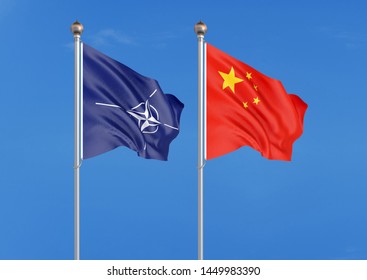 Flags Of NATO - North Atlantic Treaty Organization And China.  - 3D Illustration. - Illustration