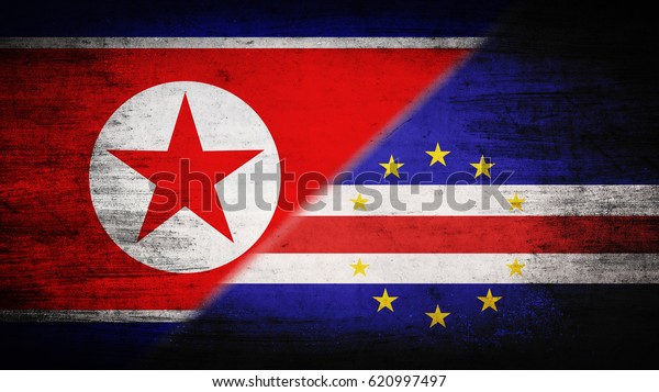 Flags of\
North Korea and Cape Verde divided\
diagonally