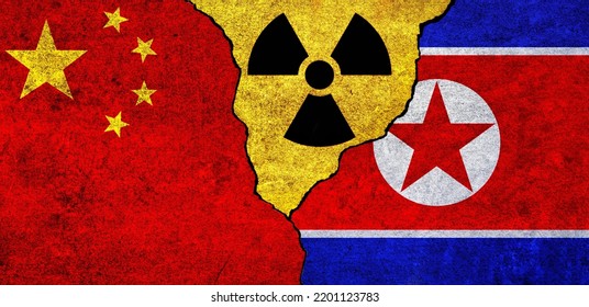 Flags Of North Korea, China And Radiation Symbol Together. China And North Korea Nuclear Deal, Threat, Agreement, Tensions Concept