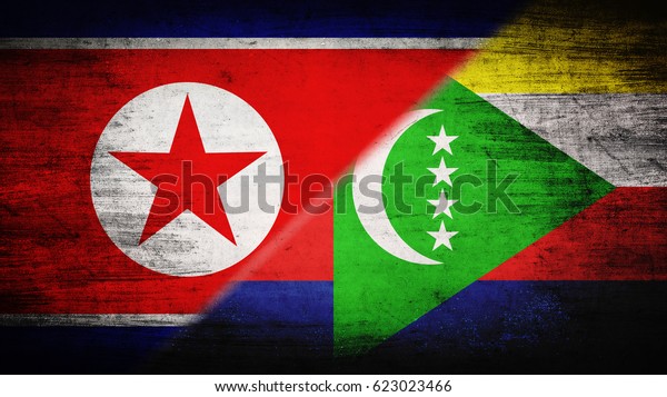 Flags of North Korea and Comoro Islands\
divided diagonally