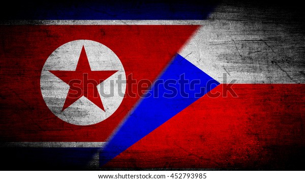 Flags of North Korea and Czech Republic\
divided diagonally