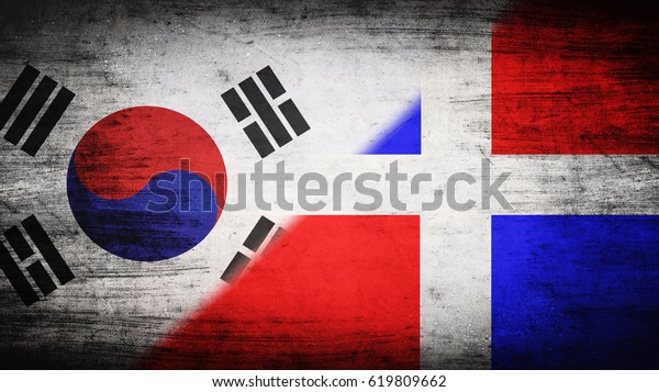 Flags of North Korea and Dominican Republic\
divided diagonally