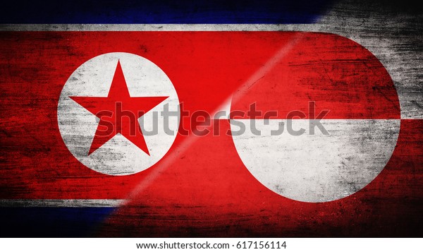 Flags of\
North Korea and Greenland divided\
diagonally