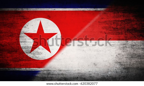 Flags of\
North Korea and Indonesia divided\
diagonally