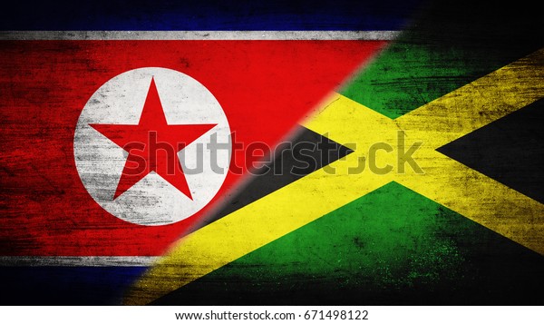 Flags of\
North Korea and Jamaica divided\
diagonally