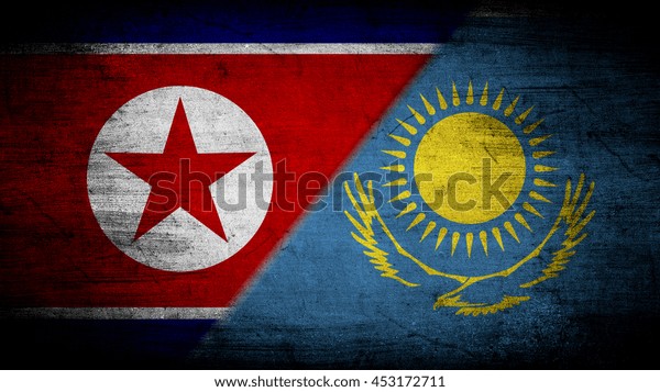 Flags of\
North Korea and Kazakhstan divided\
diagonally