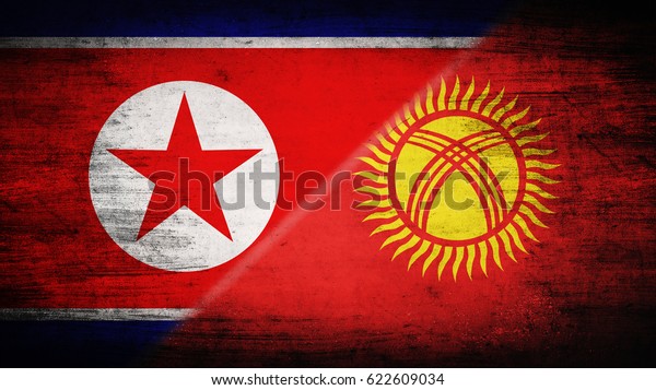 Flags of\
North Korea and Kyrgyzstan divided\
diagonally