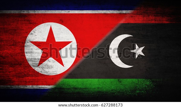 Flags of\
North Korea and Libya divided\
diagonally