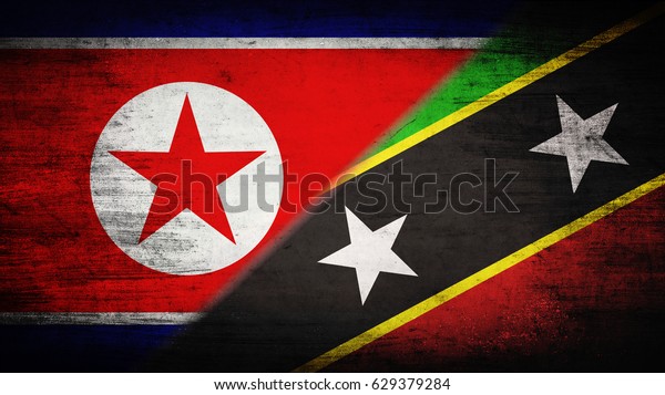 Flags of North Korea and Saint Kitts and Nevis\
divided diagonally
