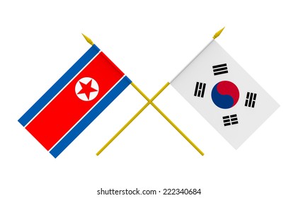 Flags Of North Korea And South Korea, 3d Render, Isolated