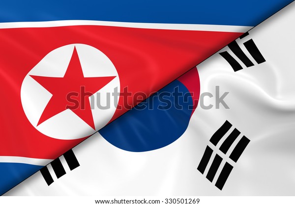Flags of North Korea and South Korea Divided\
Diagonally - 3D Render of the North Korean Flag and South Korean\
Flag with Silky\
Texture