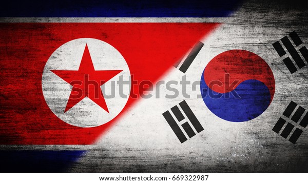 Flags\
of North Korea and South Korea divided\
diagonally