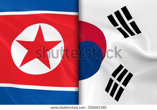 Flags of North Korea and South Korea Split Down
the Middle - 3D Render of the North Korean Flag and South Korean
Flag with Silky
Texture