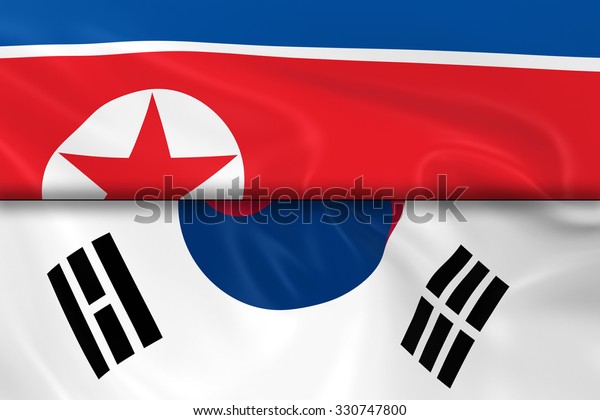 Flags of North Korea and South Korea Split in\
Half - 3D Render of the North Korean Flag and South Korean Flag\
with Silky Texture