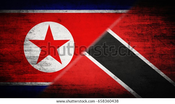 Flags of North Korea and Trinidad and Tobago\
divided diagonally