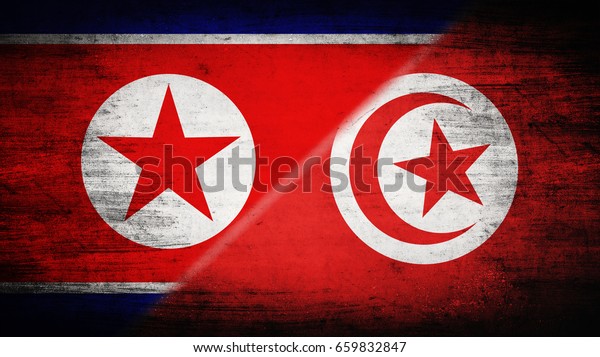 Flags of\
North Korea and Tunisia divided\
diagonally