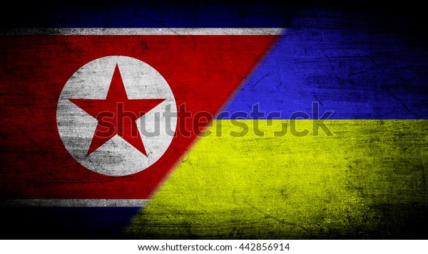 Flags of\
North Korea and Ukraine divided\
diagonally