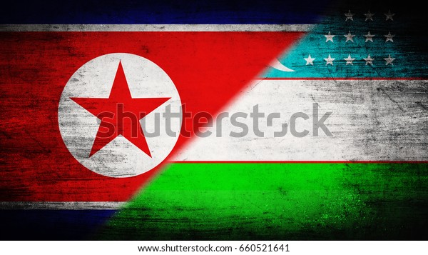 Flags of\
North Korea and Uzbekistan divided\
diagonally