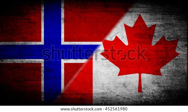 Flags of Norway\
and Canada divided\
diagonally