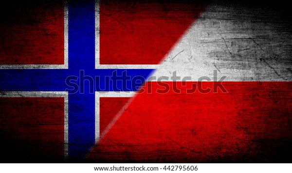 Flags of Norway\
and Poland divided\
diagonally