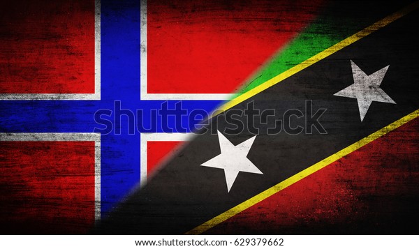 Flags of Norway and Saint Kitts and Nevis\
divided diagonally