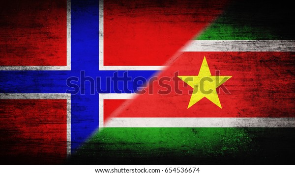 Flags of Norway\
and Suriname divided\
diagonally