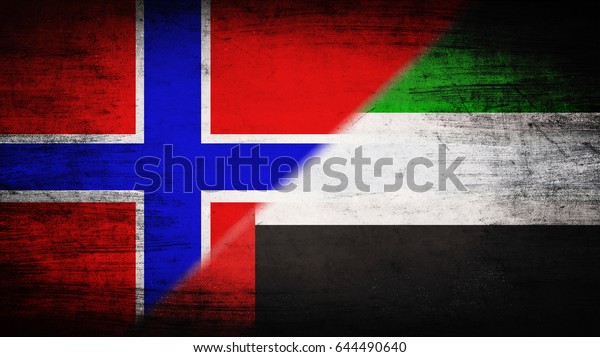 Flags of Norway and United Arab Emirates\
divided diagonally