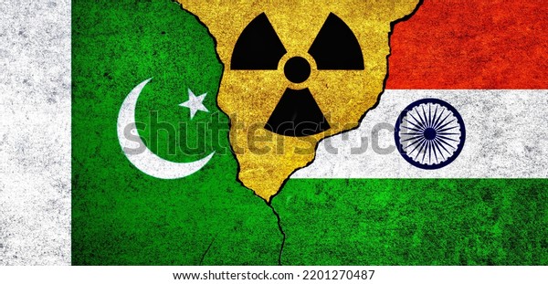 Flags of Pakistan, India and radiation symbol\
together. Pakistan and India Nuclear deal, threat, agreement,\
tensions concept