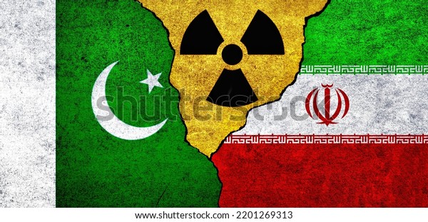 Flags\
of Pakistan, Iran and radiation symbol together. Pakistan and Iran\
Nuclear deal, threat, agreement, tensions\
concept