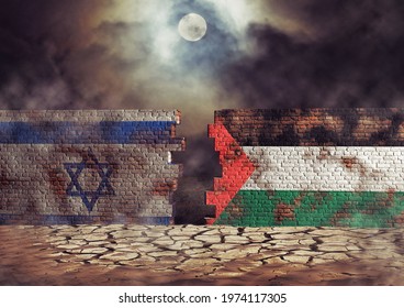 Flags Of Palestine And Israel Painted On Cracked Wall. Palestinian Conflict Concept. 3D Illustration