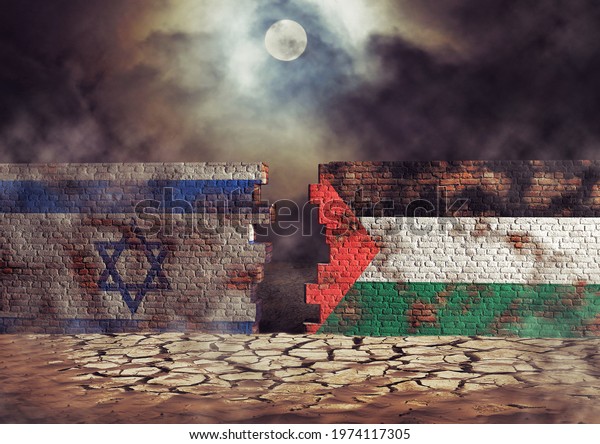 Flags of Palestine and\
Israel painted on cracked wall. Palestinian conflict concept. 3D\
illustration