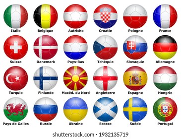 Flags of participating teams with French text for the 2021 cup 
