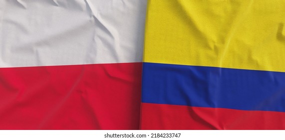 Flags Of Poland And Colombia. Linen Flags Close-up. Flag Made Of Canvas. Polish Flag. Bogota. State National Symbols. 3d Illustration.