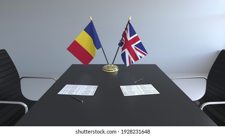 Flags Of Romania And The United Kingdom And Papers On The Table. Negotiations And Signing An International Agreement. Conceptual  3D Rendering