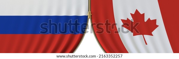 Flags of Russia and Canada and closing or\
opening zipper between them. Political negotiations or interaction\
conceptual 3D\
rendering