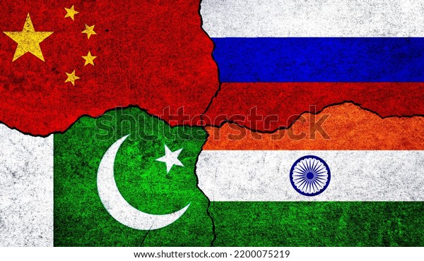 Flags of Russia, China, India and\
Pakistan on a wall. India Russia China Pakistan\
relation