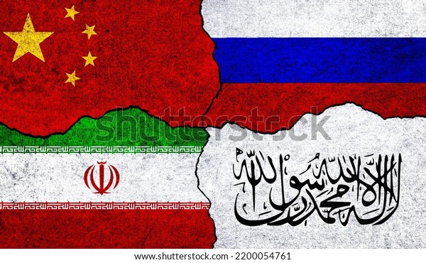 Flags of Russia, China, Taliban and\
Iran on a wall. Afghanistan Russia China Iran\
alliance