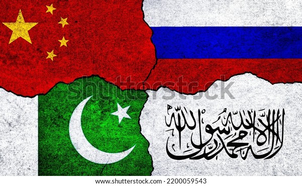 Flags of Russia, China,\
Taliban and Pakistan on a wall. Afghanistan Russia China Pakistan\
alliance
