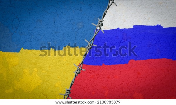 flags of Russia and Ukraine\
divided by barb wire illustration, the concept of tense diplomatic\
relations two countries between Russia and Ukraine, brush\
color