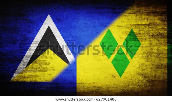 Flags of Saint Lucia and Saint Vincent and the\
Grenadines divided\
diagonally