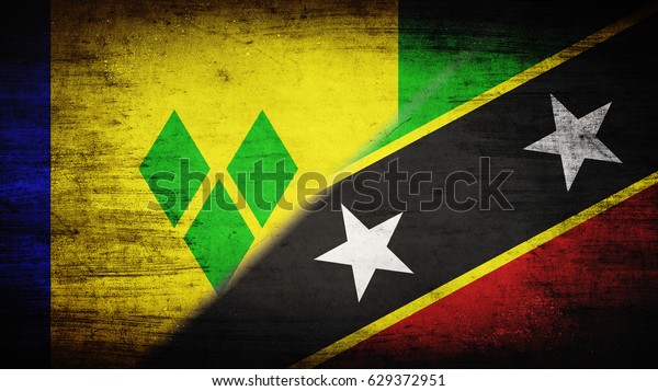 Flags of Saint Vincent and the\
Grenadines and Saint Kitts and Nevis divided\
diagonally
