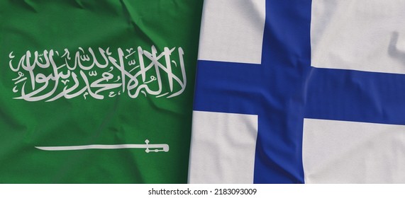 Flags of Saudi Arabia and Finland. Linen flags close-up. Flag made of canvas. Kingdom of Saudi Arabia. Finnish. State national symbols. 3d illustration.