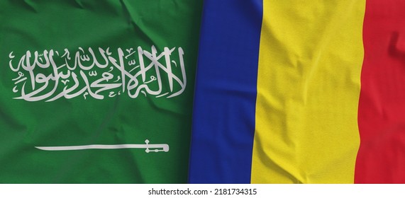 Flags Of Saudi Arabia And Romania. Linen Flags Close-up. Flag Made Of Canvas. Kingdom Of Saudi Arabia. Bucharest. State National Symbols. 3d Illustration.