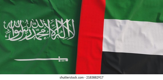 Flags Of Saudi Arabia And UAE. Linen Flags Close-up. Flag Made Of Canvas. Kingdom Of Saudi Arabia. United Arab Emirates. State National Symbols. 3d Illustration.