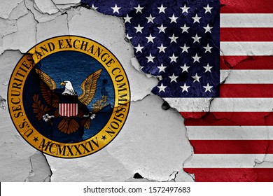 Flags Of Securities And Exchange Commission And USA Painted On Cracked Wall