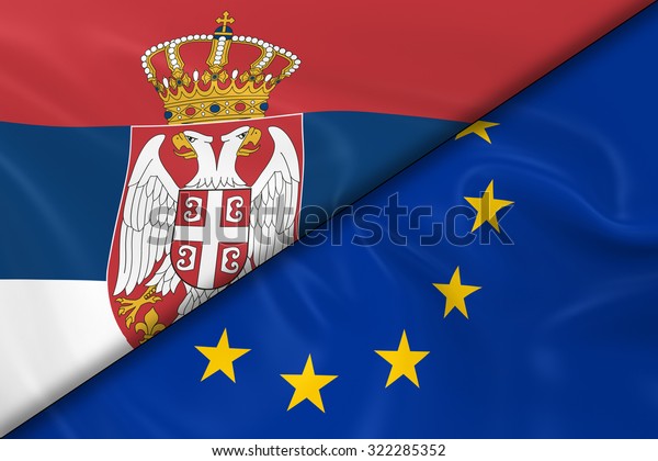 Flags of\
Serbia and the European Union Divided Diagonally - 3D Render of the\
Serbian Flag and EU Flag with Silky\
Texture