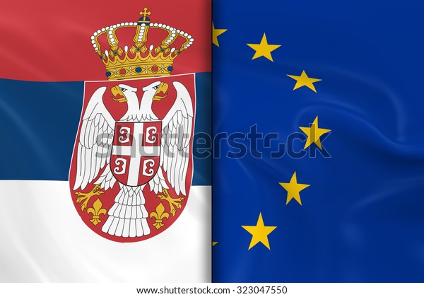 Flags\
of Serbia and the European Union Split Down the Middle - 3D Render\
of the Serbian Flag and EU Flag with Silky\
Texture