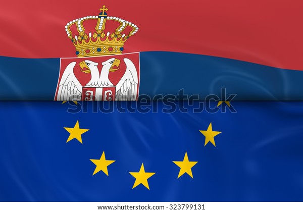 Flags of\
Serbia and the European Union Split in Half - 3D Render of the\
Serbian Flag and EU Flag with Silky\
Texture